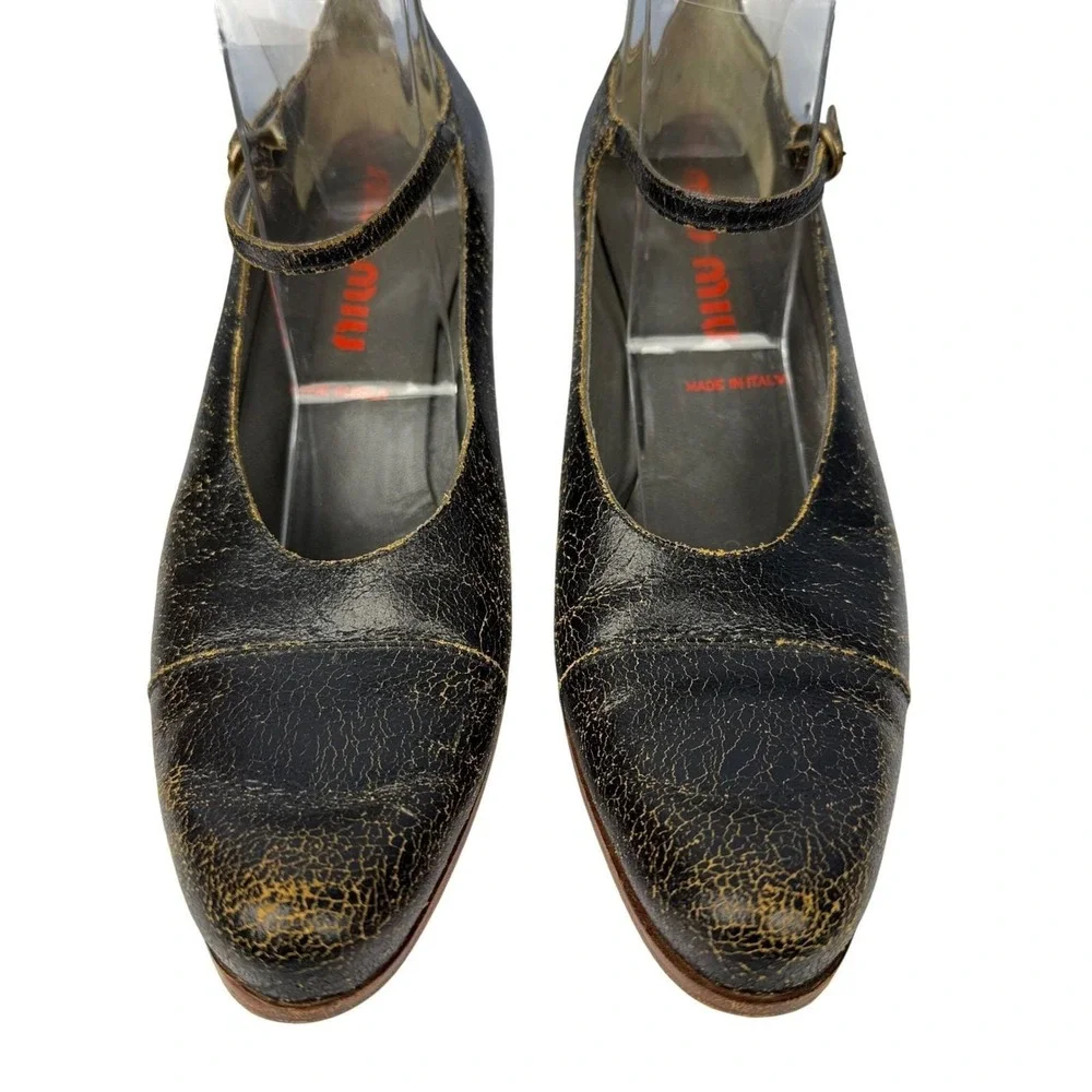 Vintage 2001 MIU MIU‎ Size 37 Black Crackle Leather Mary Janes Kitten Heels Y2K